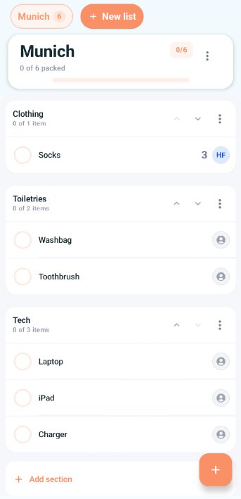 PackTogether list view showing Munich packing list with Clothing, Toiletries and Tech sections